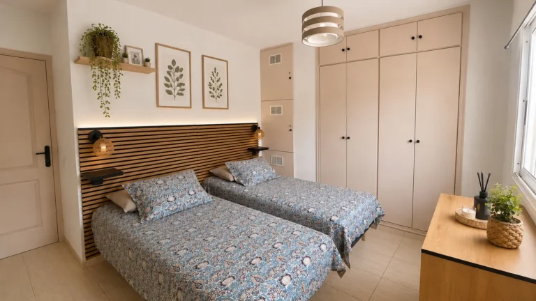 Bright twin bedroom with oak slatted headboard, Los Tajinastes apartment Playa de las Américas