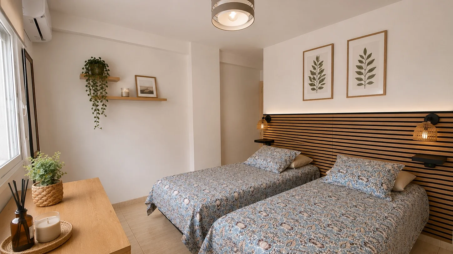 Twin bedroom with botanical prints and wardrobe, Los Tajinastes Playa de las Américas